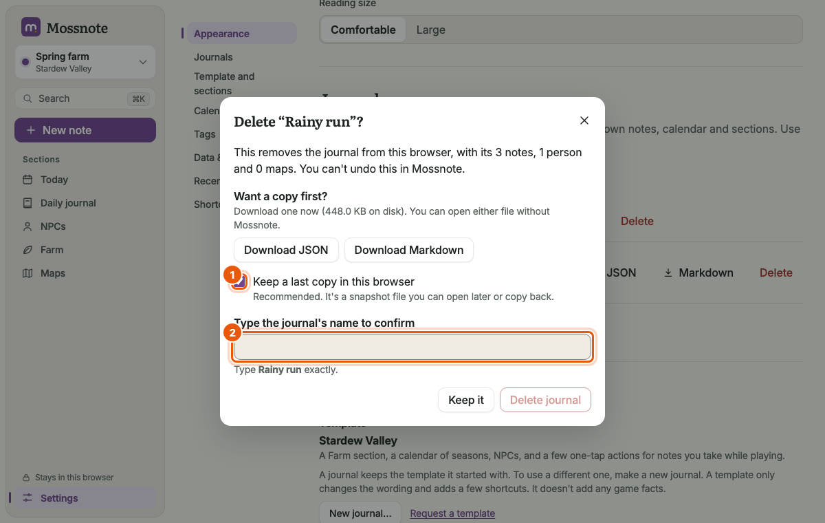 The Delete journal window. It says the journal will be removed from this browser with its notes, people and maps, offers Download JSON and Download Markdown buttons, a checked box Keep a last copy in this browser, and a field asking you to type the journal's name. The checkbox and the field are outlined in orange.