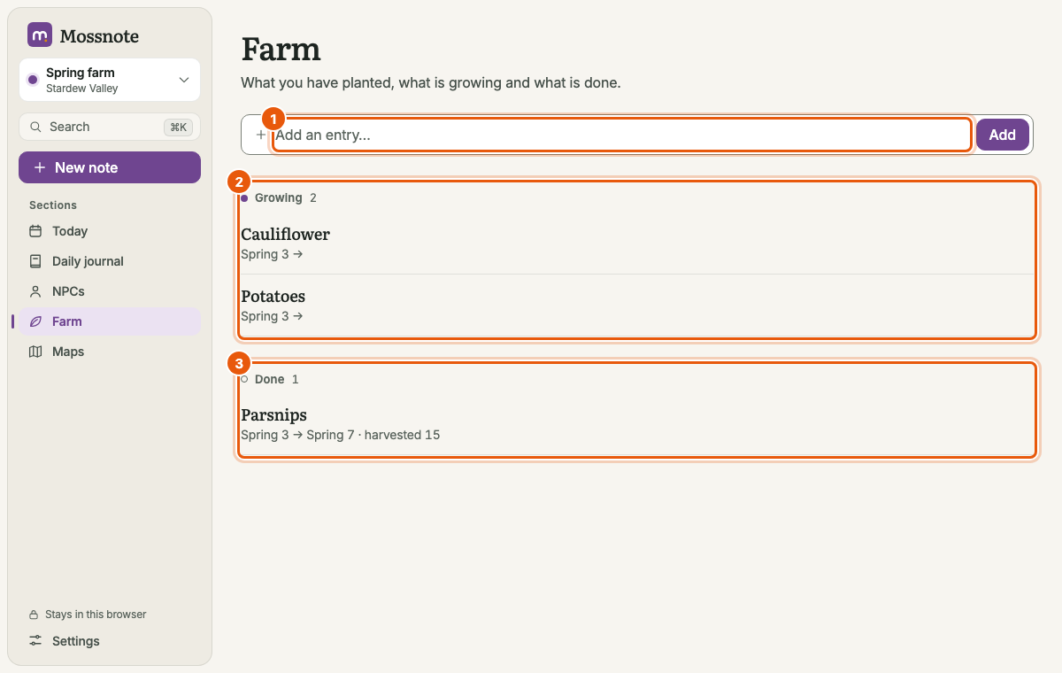 The Farm with Growing entries and a Done entry, Parsnips, planted Spring 3 and harvested Spring 7, harvested 15.