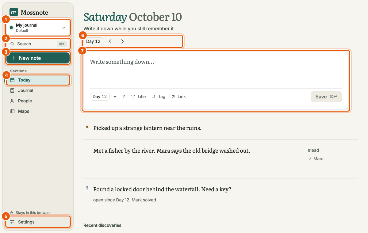 The Today screen on a wide window with seven numbered orange boxes: the journal switcher at the top of the sidebar, the search field, the New note button, the Today link in the section list, the Settings link at the bottom, the in-game date controls above the note box, and the note box itself.