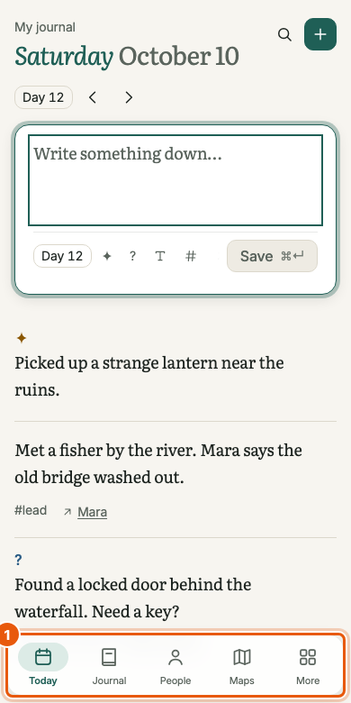 Today on a phone-width screen. The note box fills the width. A floating bar at the bottom, outlined in orange, holds Today, Journal, People, Maps and More.