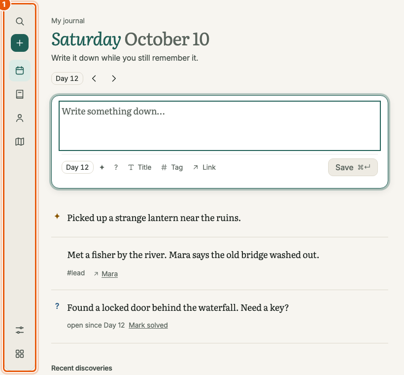Today at tablet width. A slim vertical rail of icons runs down the left, outlined in orange. The note box and notes fill the rest of the width.