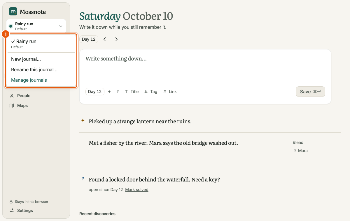 The journal switcher open in the sidebar, outlined in orange. It lists the journal Rainy run with a check mark and the word Default, then New journal, Rename this journal and Manage journals.