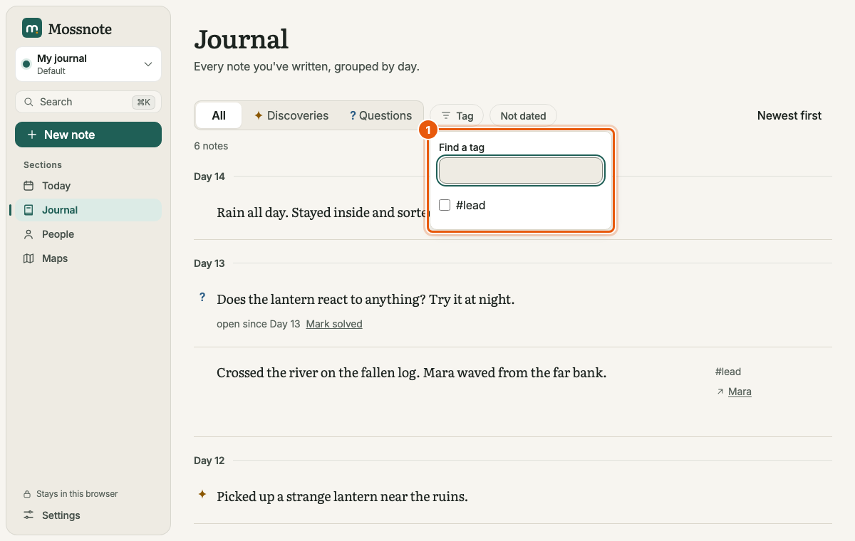 The Journal with the Tag filter open: a small panel outlined in orange with a Find a tag field and a list with a checkbox for each tag.