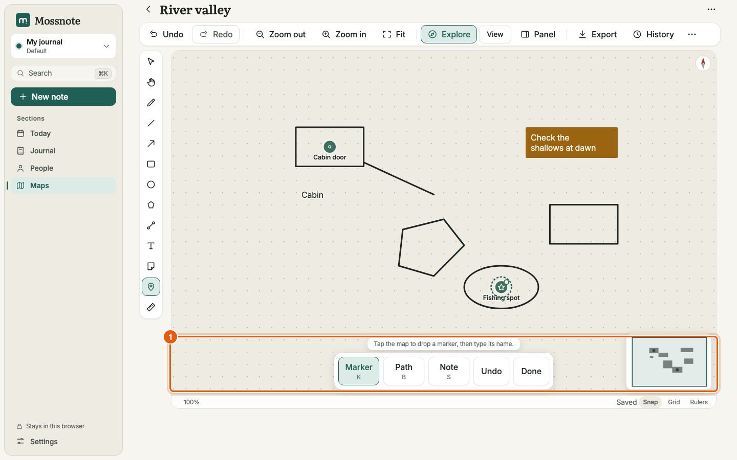 The map editor in exploring mode. A bar at the bottom of the canvas, outlined in orange, says Tap the map to drop a marker, then type its name, and has big buttons Marker, Path, Note, Undo and Done.