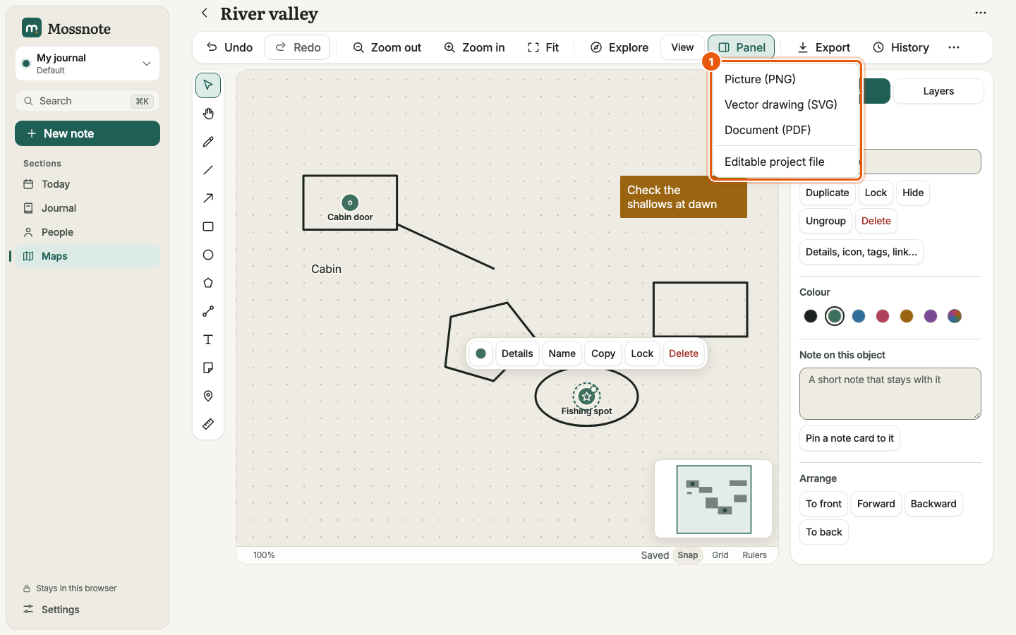 The Export menu, outlined in orange, with four choices: Picture (PNG), Vector drawing (SVG), Document (PDF) and Editable project file.
