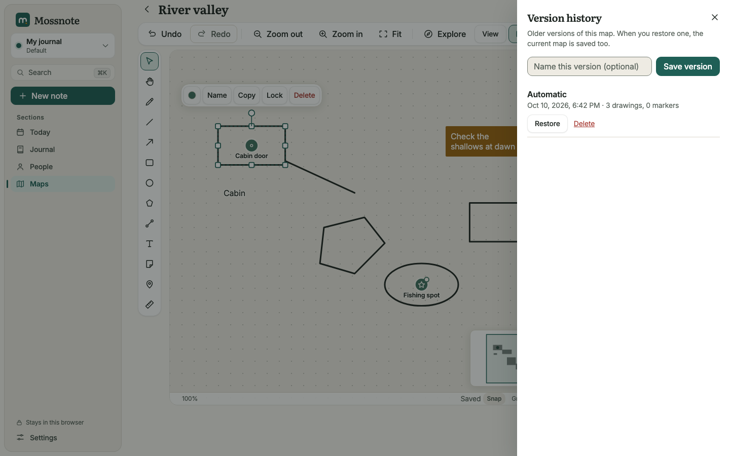 The Version history panel, open at the right. A field to name a version with a Save version button, then one Automatic entry showing its date and the number of drawings and markers, with Restore and Delete buttons.