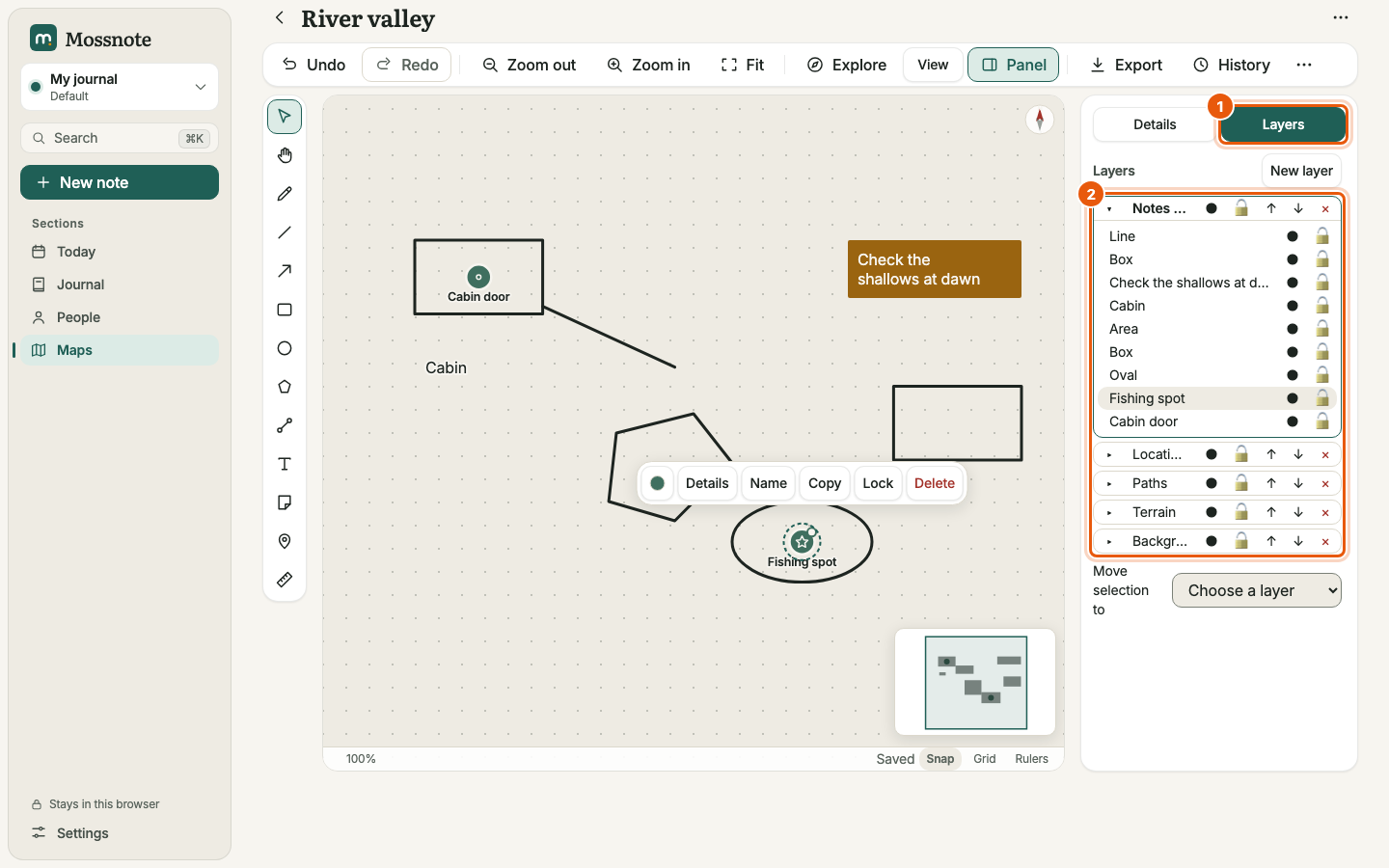 The side panel on its Layers tab. A list of five layers, Notes, Locations, Paths, Terrain and Background, with the Notes layer expanded to show every object drawn on it. Each row has eye, lock and arrow buttons. Orange boxes mark the Layers tab and the layer list.
