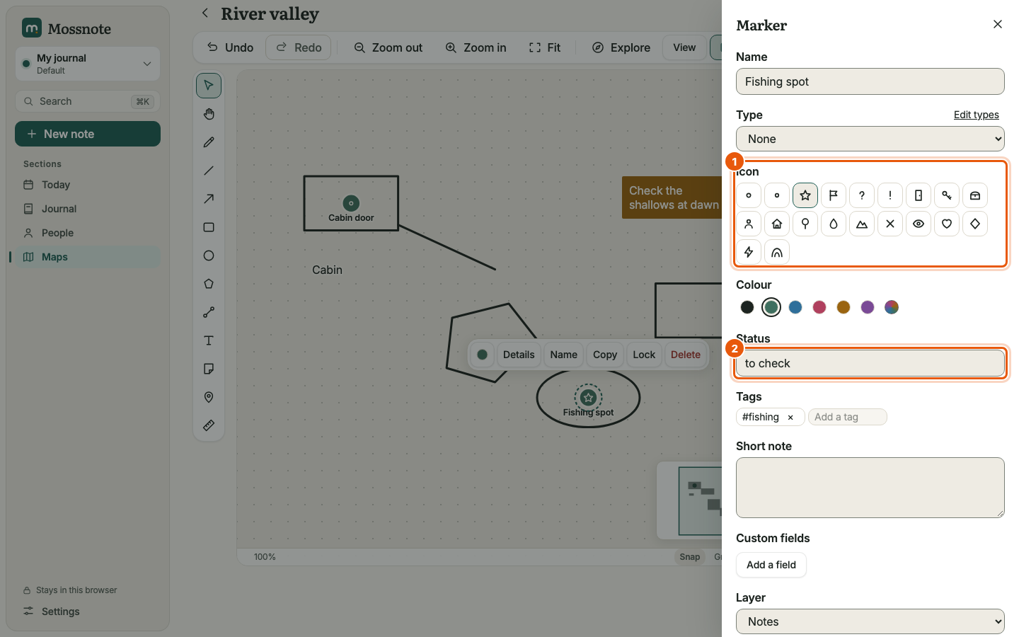 The Marker details panel, open at the right of the map. It shows Name, Type, a grid of icons with a star chosen, Colour, Status containing to check, Tags with the tag fishing, Short note, Custom fields and a Link to a note field. The icon grid, the status field and the link field are outlined in orange.