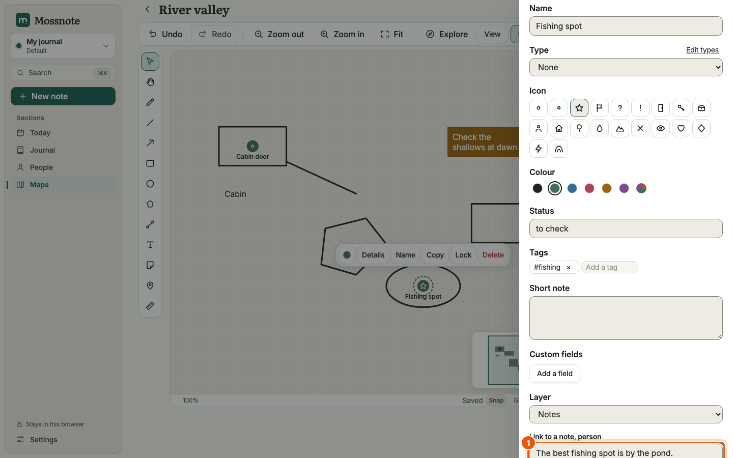The marker panel after typing The best fishing spot is by the pond into the link field. A single option, Save the text as a new note and link it, outlined in orange, appears below the field.