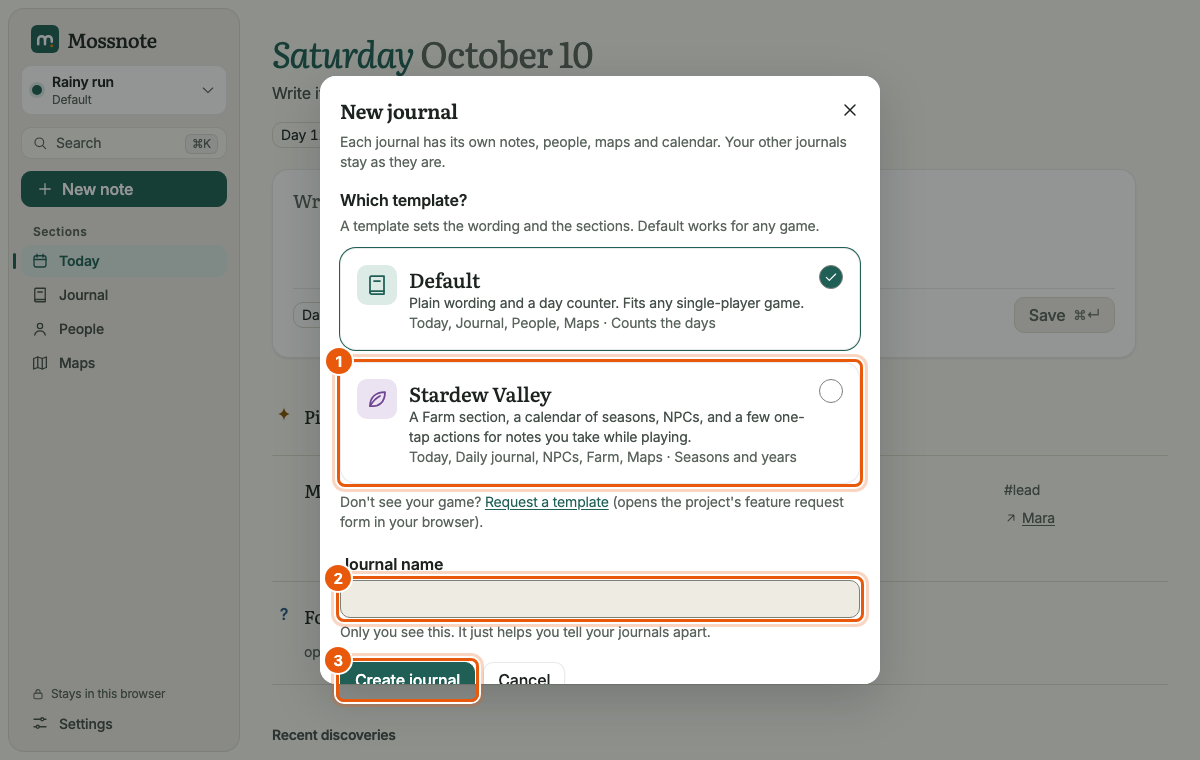 The New journal window with two template cards, Default and Stardew Valley, a Journal name field and a Create journal button, each outlined in orange.