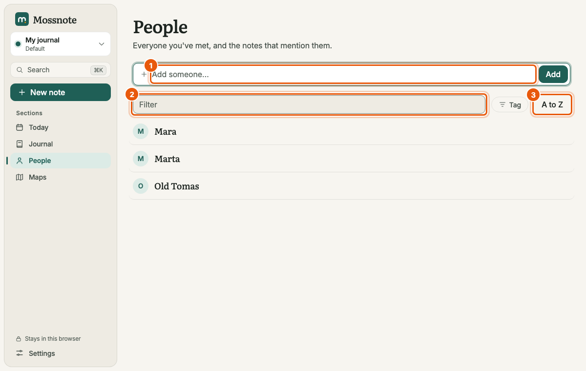 The People page: an Add someone row at the top, a Filter field, a Tag button and an A to Z sort button, then a list with Mara, Marta and Old Tomas, each with a round monogram. Three orange boxes mark the add row, the filter field and the sort button.