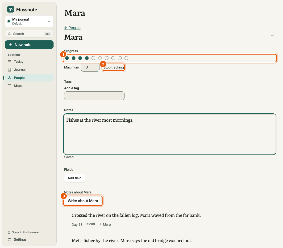 Mara's page: her name as a large heading, a Progress section with a row of ten dots of which four are filled, a Maximum field and a Stop tracking link, then Tags, Notes with the text Fishes at the river most mornings, Fields, and a Write about Mara button followed by notes that mention her.