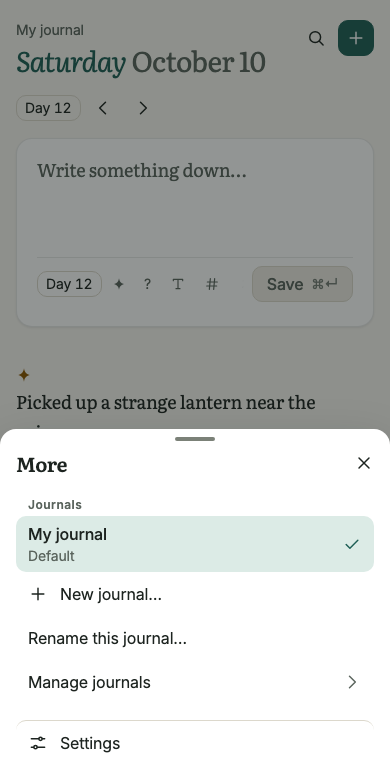 The More sheet on a phone, rising from the bottom. It lists the journal My journal with a check mark, then New journal, Rename this journal, Manage journals and Settings.