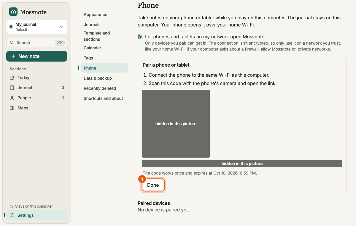 The pairing panel on the computer. Steps explain connecting to the same Wi-Fi and scanning the code. The QR code and the typed address and code are hidden in this picture. A Done button is outlined in orange.
