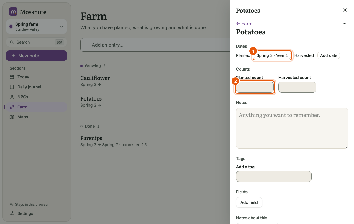 An entry's page open beside the Farm list, with Dates, Counts, Notes and Tags.