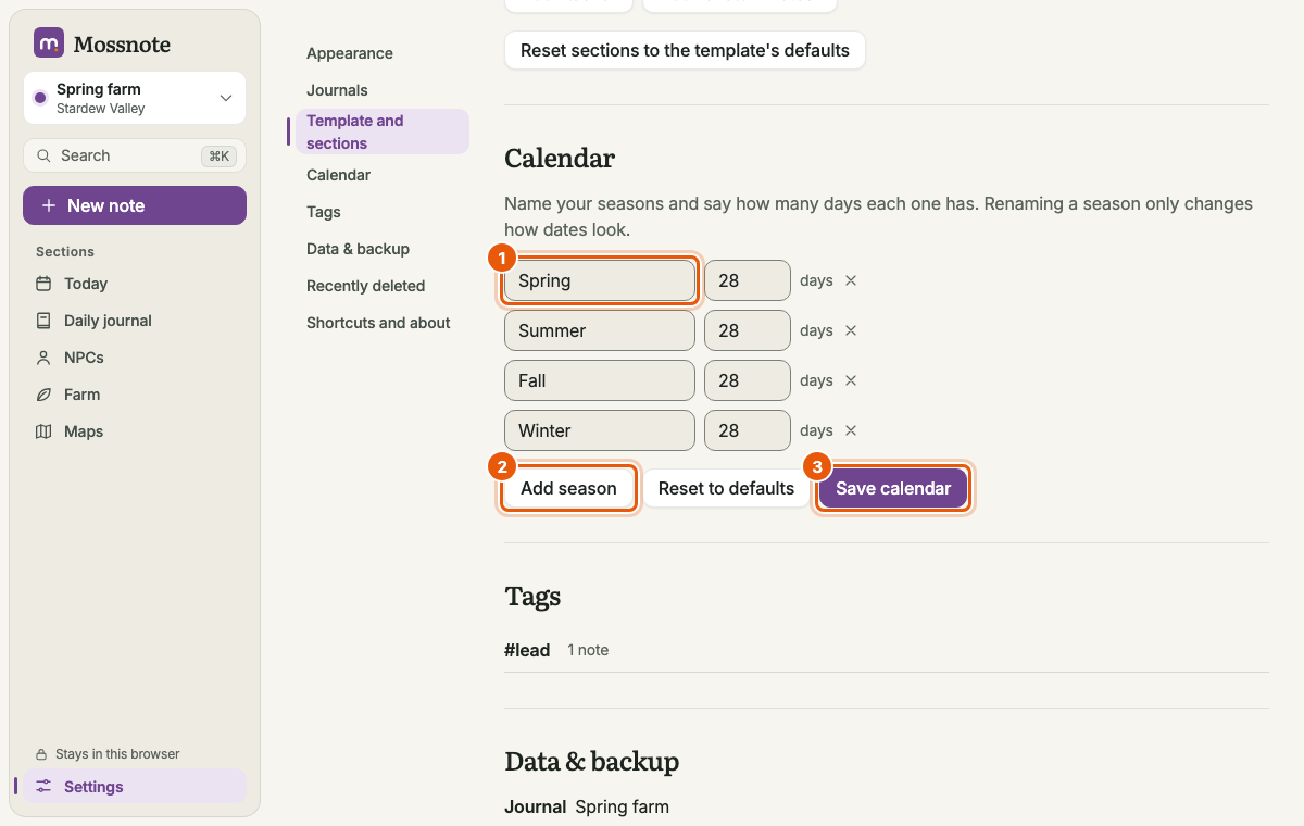 Settings, Calendar section: four rows for Spring, Summer, Fall and Winter, each with a name field and 28 days. Below are Add season, Reset to defaults and Save calendar buttons. Orange boxes mark the first name field, Add season and Save calendar.