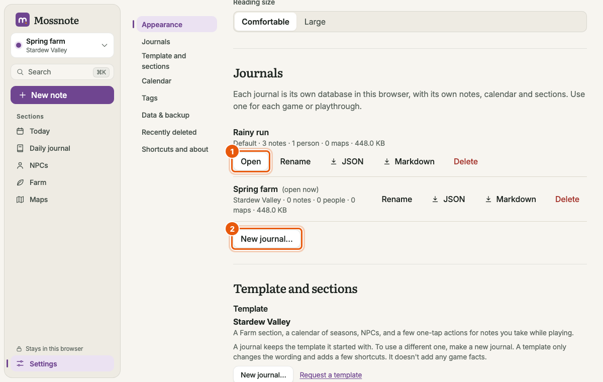 Settings, Journals section. Two journals are listed: Rainy run with Open, Rename, JSON, Markdown and Delete buttons, and Spring farm marked open now. Below is a New journal button. The Open button and the New journal button are outlined in orange.