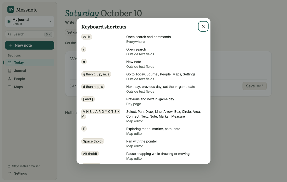 The Keyboard shortcuts window, listing each shortcut with what it does and where it applies, for example Command K opens search and commands, and slash opens search outside text fields.