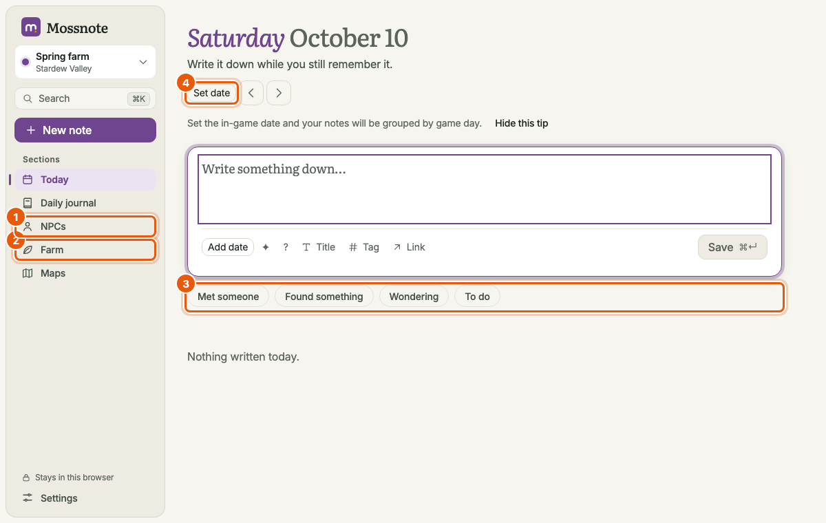 Today in a new Stardew Valley journal, in plum colours. The sidebar lists Today, Daily journal, NPCs, Farm and Maps. Under the note box are four pill buttons: Met someone, Found something, Wondering and To do. Orange boxes mark the NPCs link, the Farm link, the row of quick actions and the Set date button.