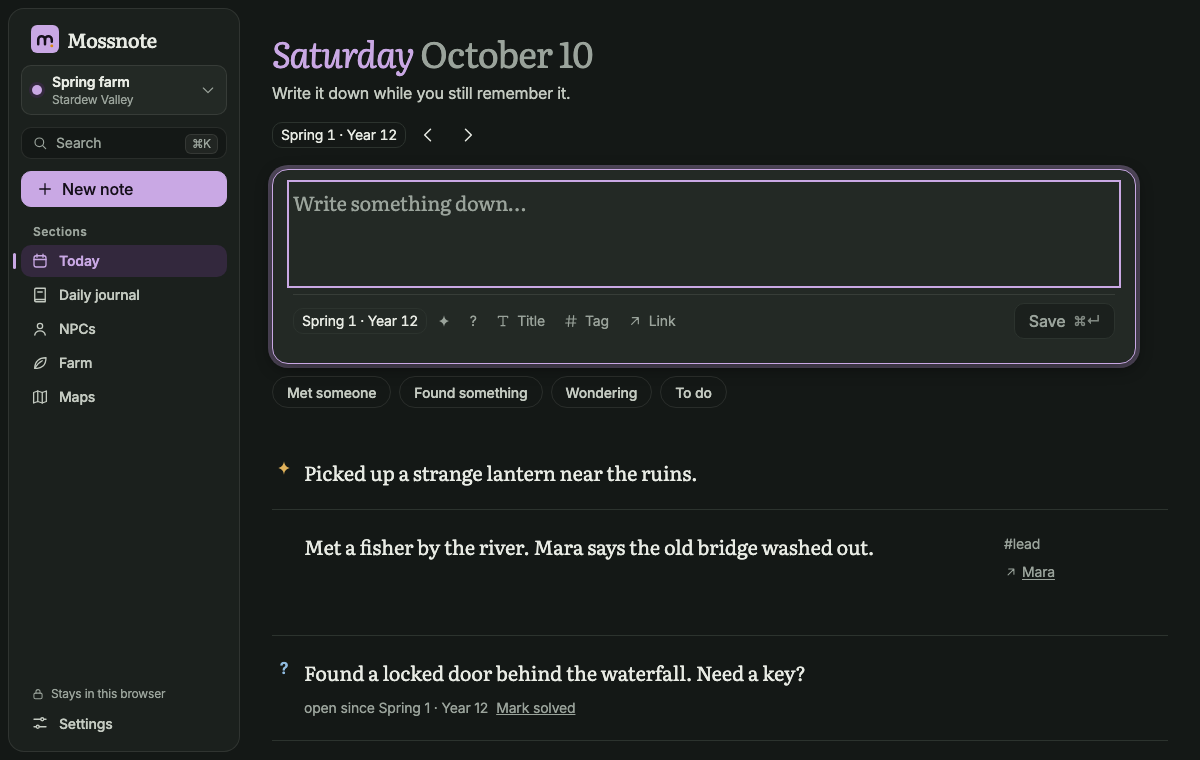 Today in the Stardew Valley template with the Dark theme and Large reading size: a dark background, plum-coloured buttons and larger note text.